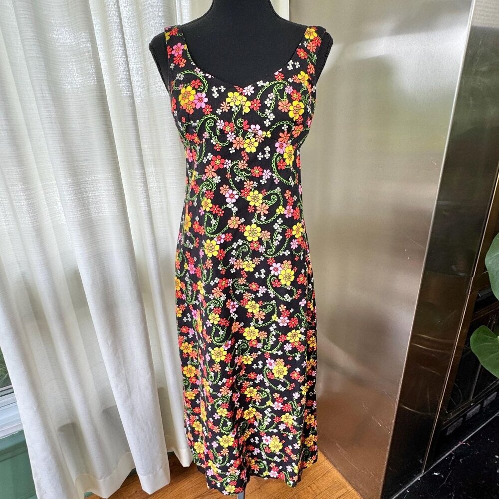 Vintage 70s black dress, yellow, orange, red, pink, white daisies, bra insert